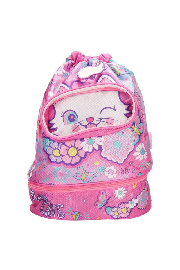 Pink Drawstring Kindergarten Bag with Cat Pattern