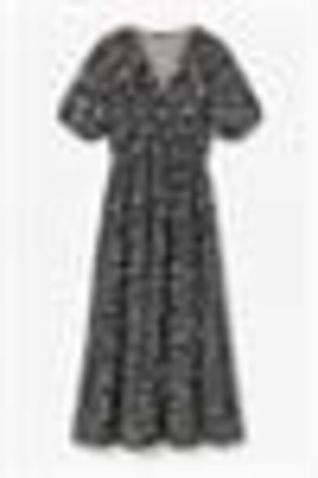 Black Polyester Fabric V-Neck Elastic Waist Layered Cut Short Sleeve Patterned Dress