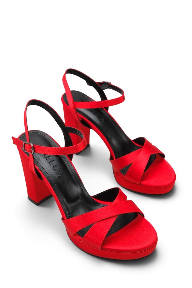 Red Satin Platform Heeled Sandals Thick Heel Evening Dress Engagement Wedding Shoes