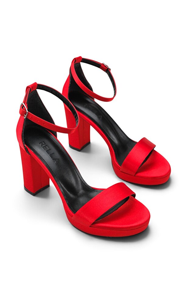 Red Satin Platform Thick Heeled Bridal Shoes – Stylish Evening Dress Wedding Sandals with Ankle Strap