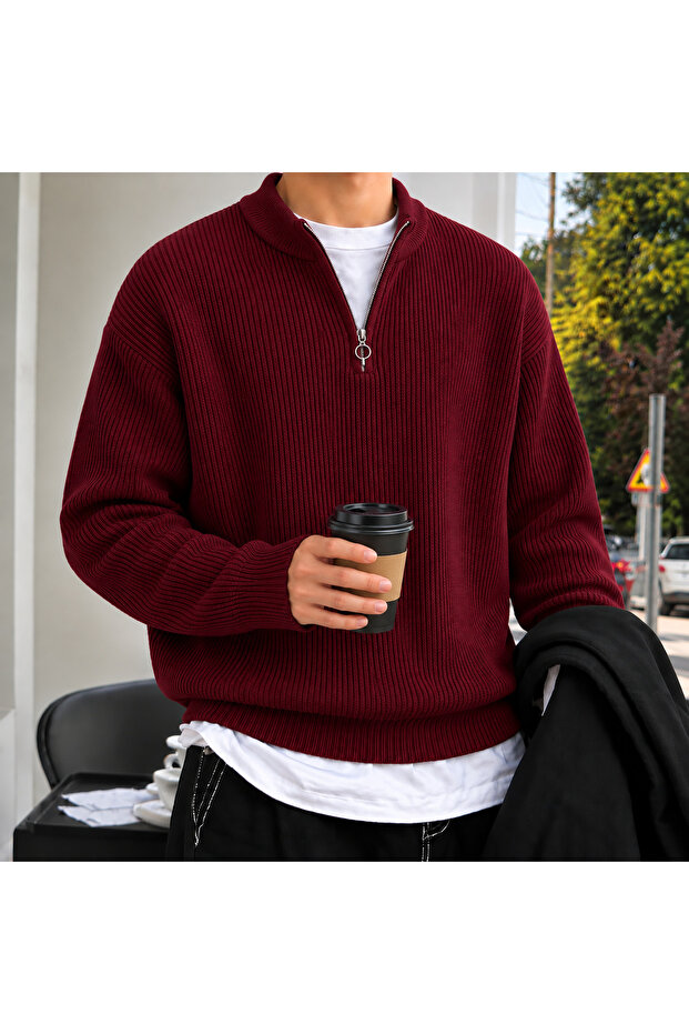 Men's Half Zippered Thessaloniki Knitwear Sweater High Collar Oversize Long Sleeve Basic Winter Sweater