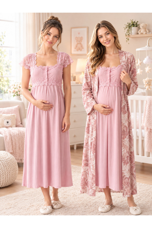 Patterned Robe Maternity Nightgown Set Effortt