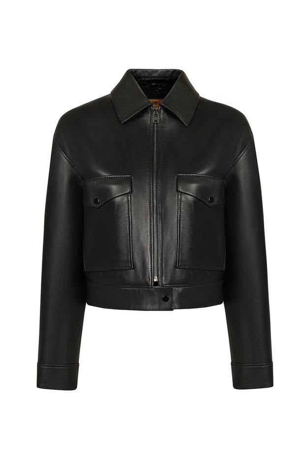 Raquel Women's Black Shirt Collar Short Leather Jacket 26Wge57061M