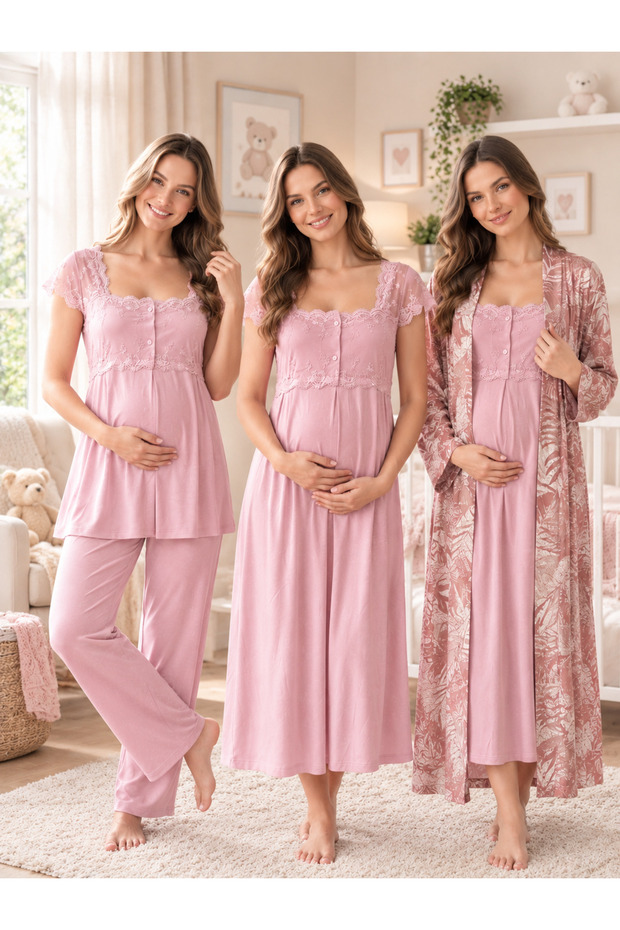 Maternity Pajamas and Nightgown Set, 4-Piece Set