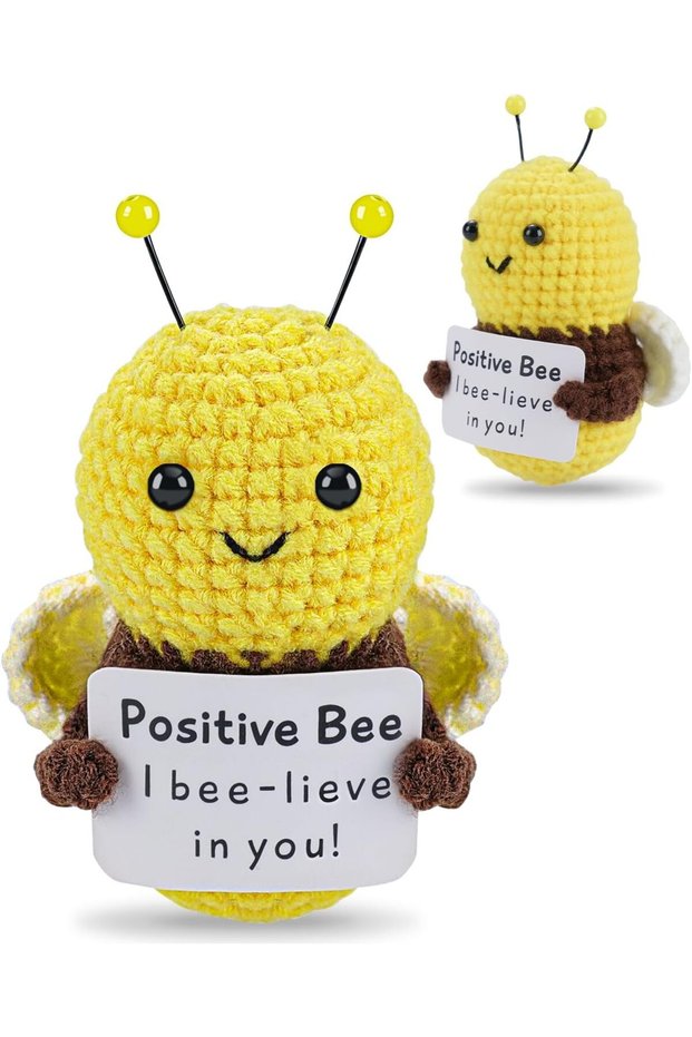 Positive Bee Crochet Doll,Handmade Knitted Wool Toy with Emotional Support Card,Cute Wasp Room Decor and Gift