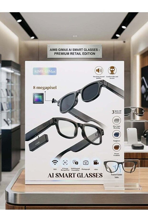 AIMB G1 Max AI Smart Glasses with 8MP Camera, Real-Time Translation, Photo & Video Recording, and 3 Interchangeable lenses