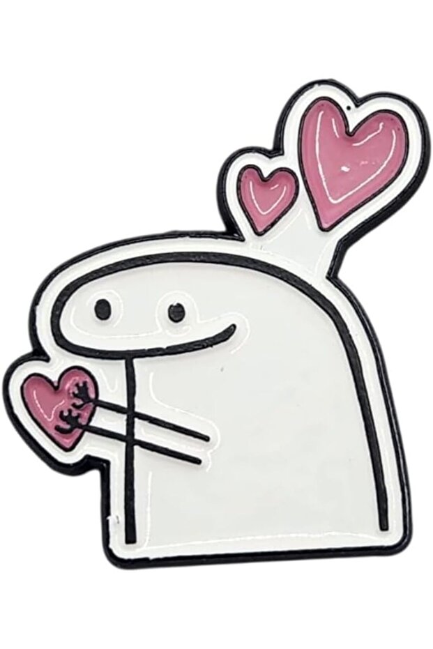 Cute Meme Character Metal Sticker with Pink Hearts