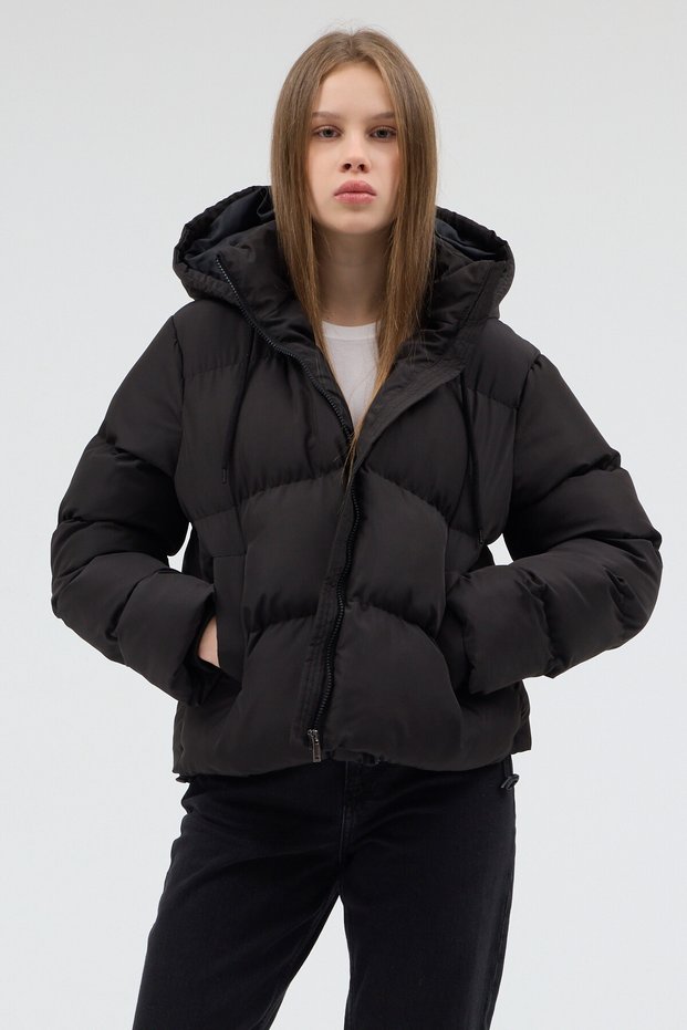 Women's Black Hooded Inflatable Puffer Coat