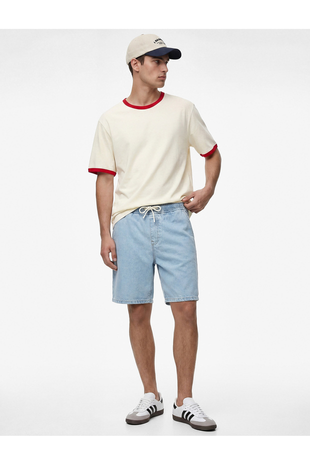 Comfortable Fit Pocketed Cotton Bermuda Shorts with Lace-Up Waist Baggy Jean Shorts