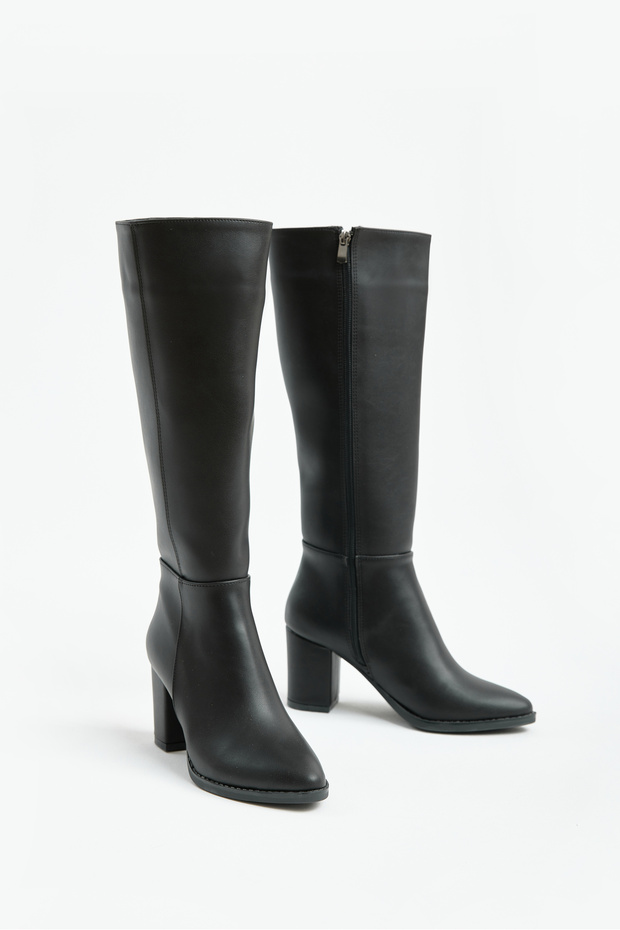 Women's Black Leather Below-Knee Zipper Heeled Boots