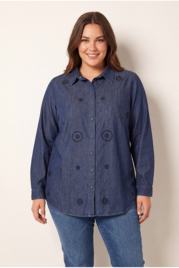 Stone Detailed Plus Size Denim Shirt Navy Blue