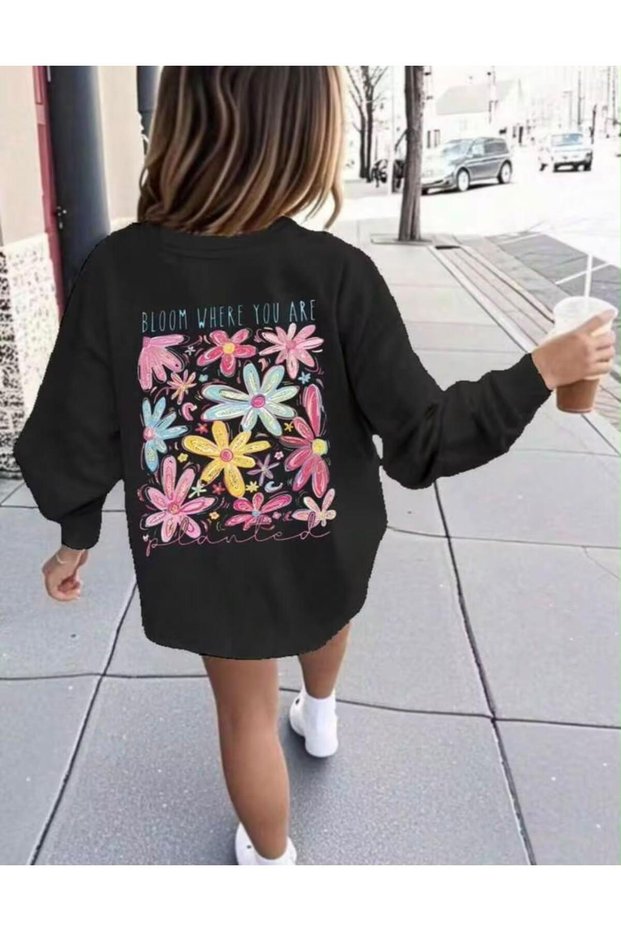 Girl's (Back and Front) Flowers Bloom Printed Crew Neck Black Sweatshirt