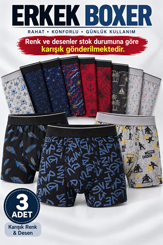 Men's Boxer 3 Pieces Mixed Color and Pattern Cotton Flexible Waist Comfortable Men's Boxer Underwear