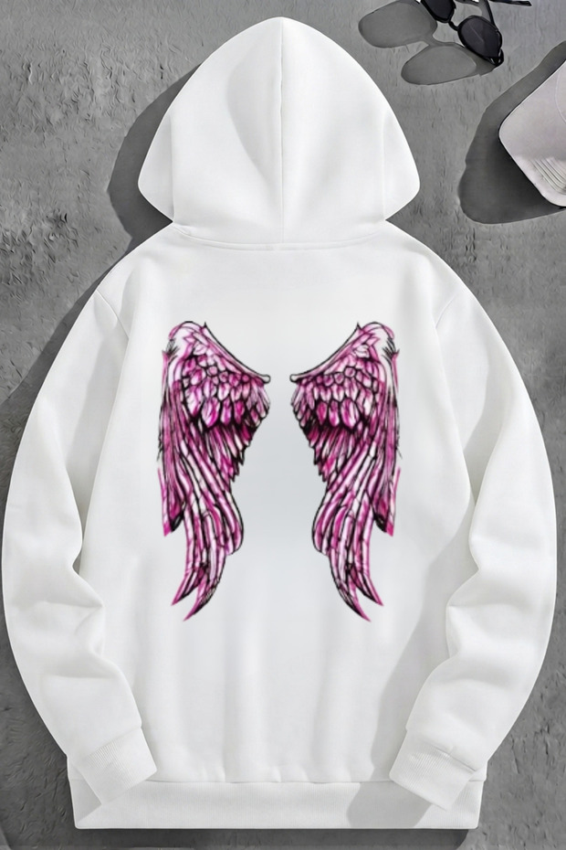 Unisex 3 Thread Cotton White Pairofwing Print Loose Fit Sweatshirt Hoodie