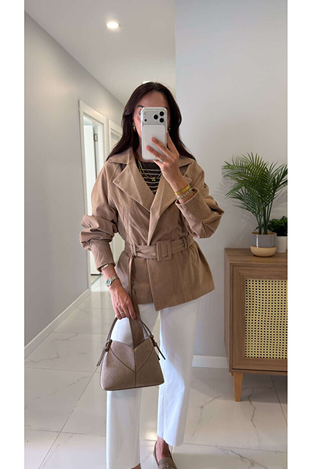Golle Beige Reklan Sleeve Suede Belted Jacket