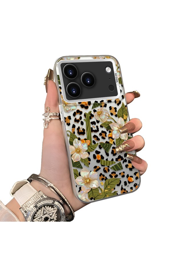 iPhone 17 Pro Max Compatible Aesthetic Floral-Leopard Pattern Case Acrylic Hard Back Silicone Edge