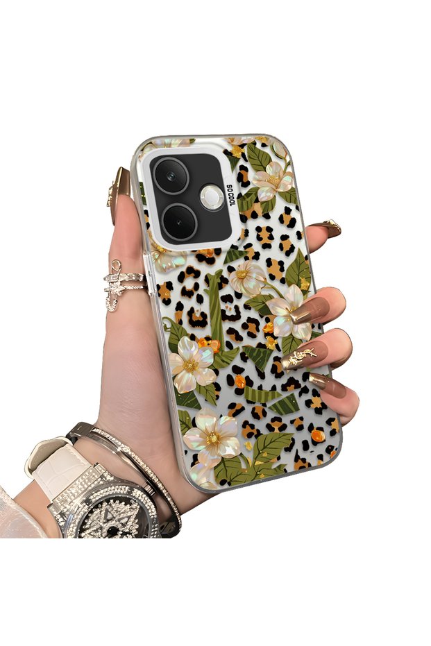 Oppo A5 Pro 4G/5G Compatible Aesthetic Floral-Leopard Pattern Case Acrylic Hard Back Silicon Edge