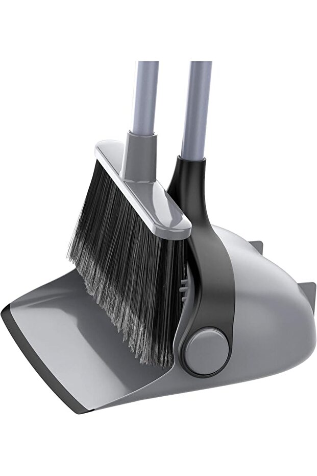 Broom and Dustpan Set with Adjustable Long Handle, Gray