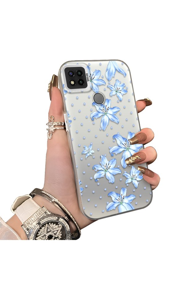 Xiaomi Redmi 9C/10A Compatible Acrylic Hard Back Panel with Silicone Edges Blue Flower Printed Phone Case