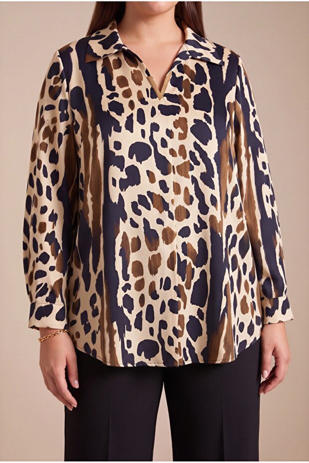 Patterned Viscose Inside and Satin Outside Plus Size Blouse Beige