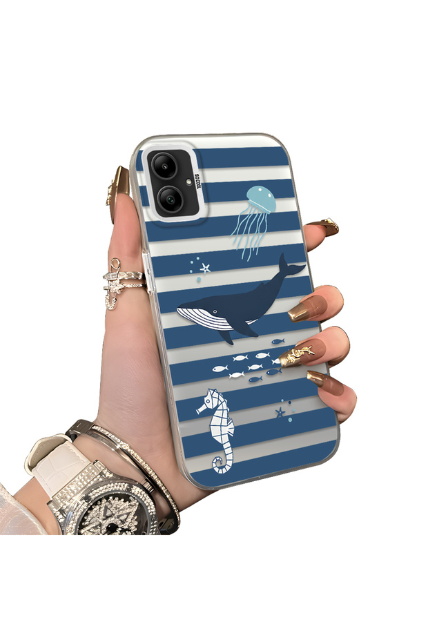 Samsung Galaxy A05 Compatible Sea Creatures Whale Horse Seahorse Patterned Case Acrylic Back Cover Silicone Edge