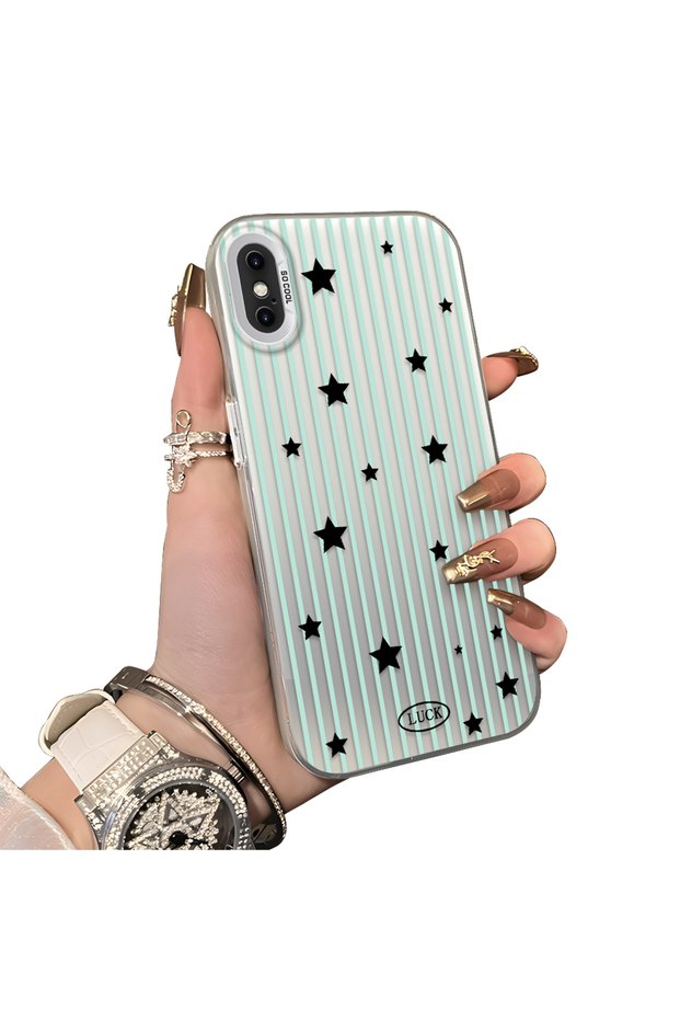 iPhone X/Xs Compatible Edge Striped Black Star Pattern Protective Case Acrylic Hard Back Silicon Edge