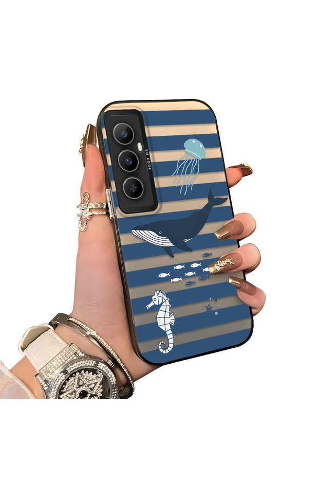 Realme C65 4g Compatible Sea Creatures Whale Horse Seahorse Patterned Case Acrylic Back Cover Silicone Edge