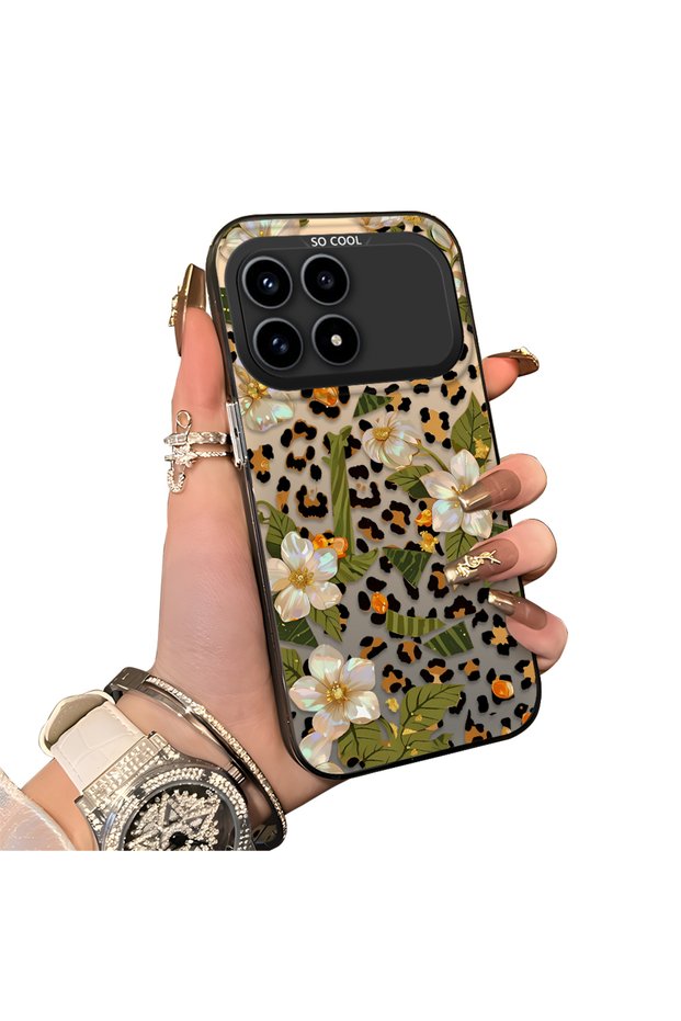 Xiaomi Redmi K90 5g Compatible Aesthetic Floral-Leopard Pattern Case Acrylic Hard Back Silicone Edge