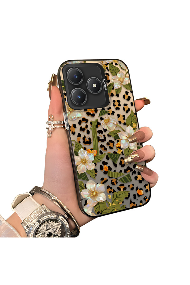 Realme C63 4G/C61 Compatible Aesthetic Floral-Leopard Pattern Case Acrylic Hard Back Silicone Edge