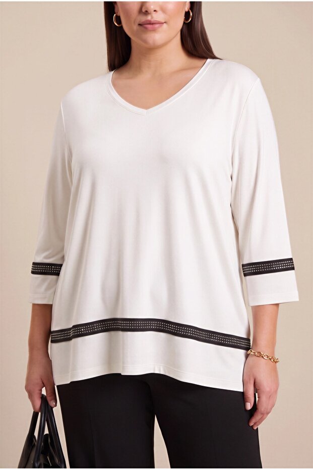 Sleeve and Skirt Stone Detailed Plus Size Round Neck Viscose Combed Cotton Blouse Ecru