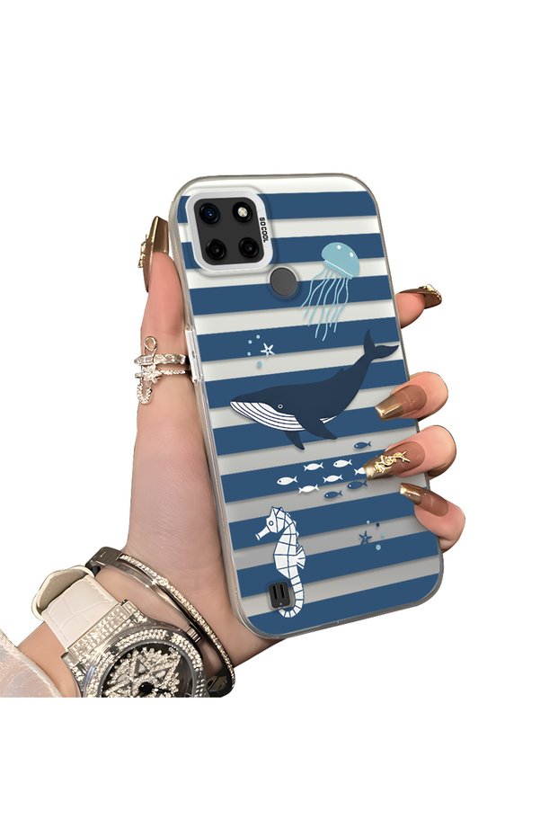 Realme C25Y/C21Y Compatible Sea Creatures Whale Horse Seahorse Patterned Case Acrylic Back Cover Silicone Edge