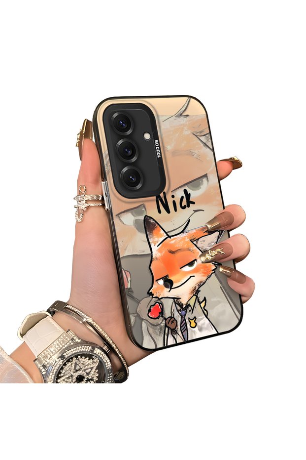 Samsung Galaxy S25 Compatible Cartoon Fox Nick Patterned Case Acrylic Hard Back Silicone Edge