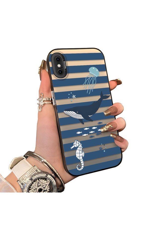 iPhone X/Xs Compatible Sea Creatures Whale Horse Seahorse Patterned Case Acrylic Back Cover Silicone Edge