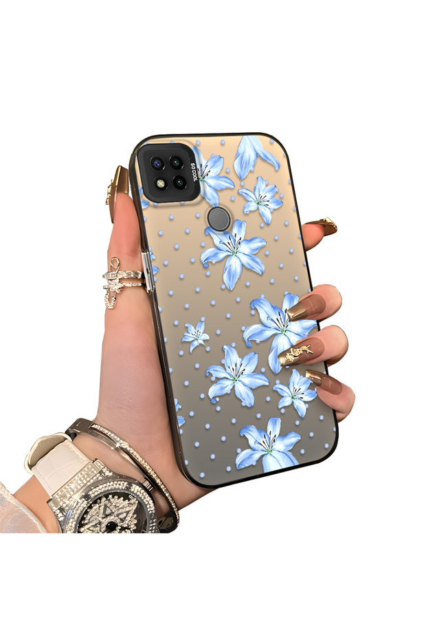 Xiaomi Redmi 9C/10A Compatible Acrylic Hard Back Panel with Silicone Edges Blue Flower Printed Phone Case