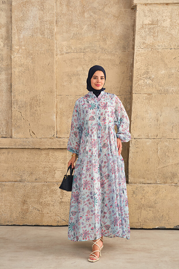 Women's Hakim Collar Floral and Leaf Pattern Dress Blue