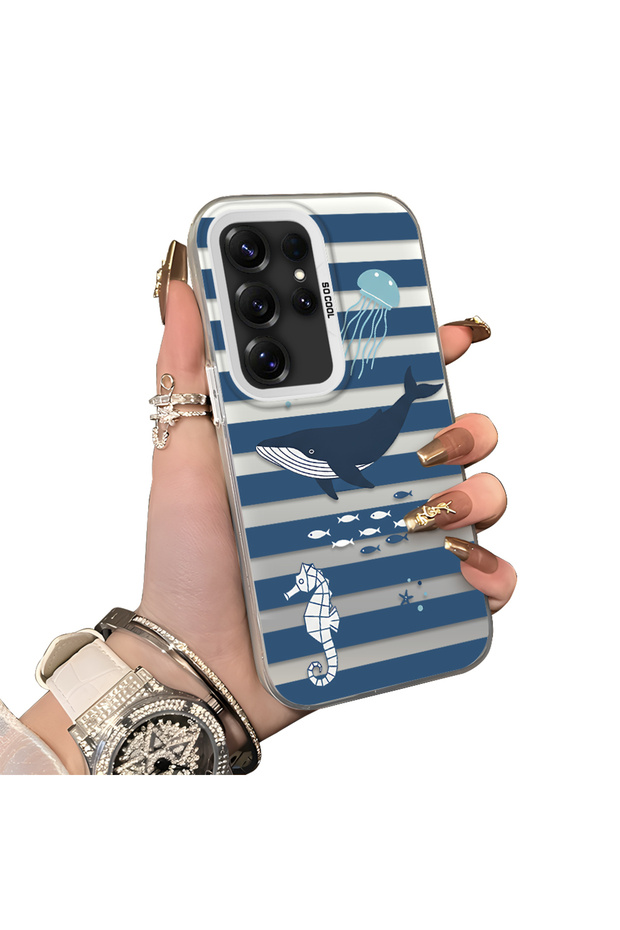 Samsung Galaxy S25 Ultra Compatible Sea Creatures Whale Horse Seahorse Patterned Case Acrylic Back Cover Silicone Edge