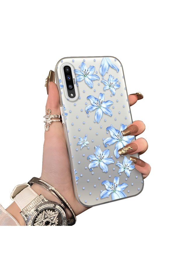 Samsung Galaxy A50/A50S/A30S Compatible Acrylic Hard Back Panel with Silicone Edges Blue Flower Printed Phone Case