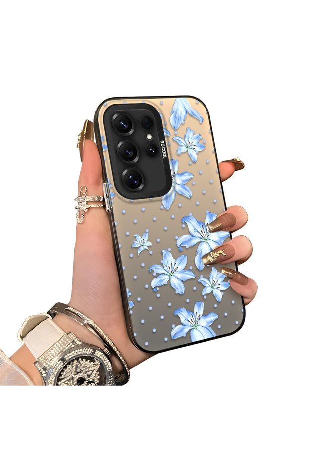 Samsung Galaxy S25 Ultra Compatible Acrylic Hard Back Panel Silicone Edged Blue Flower Printed Phone Case