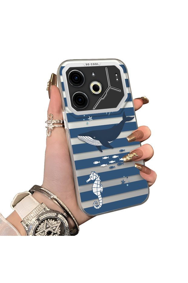 Tecno Pova 6/Pova 6 Pro 5g Compatible Sea Creatures Whale Horse Seahorse Patterned Case Acrylic Back Cover Silicone Edge