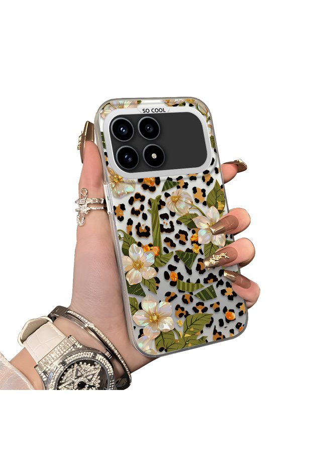 Xiaomi Redmi K90 5g Compatible Aesthetic Floral-Leopard Pattern Case Acrylic Hard Back Silicone Edge