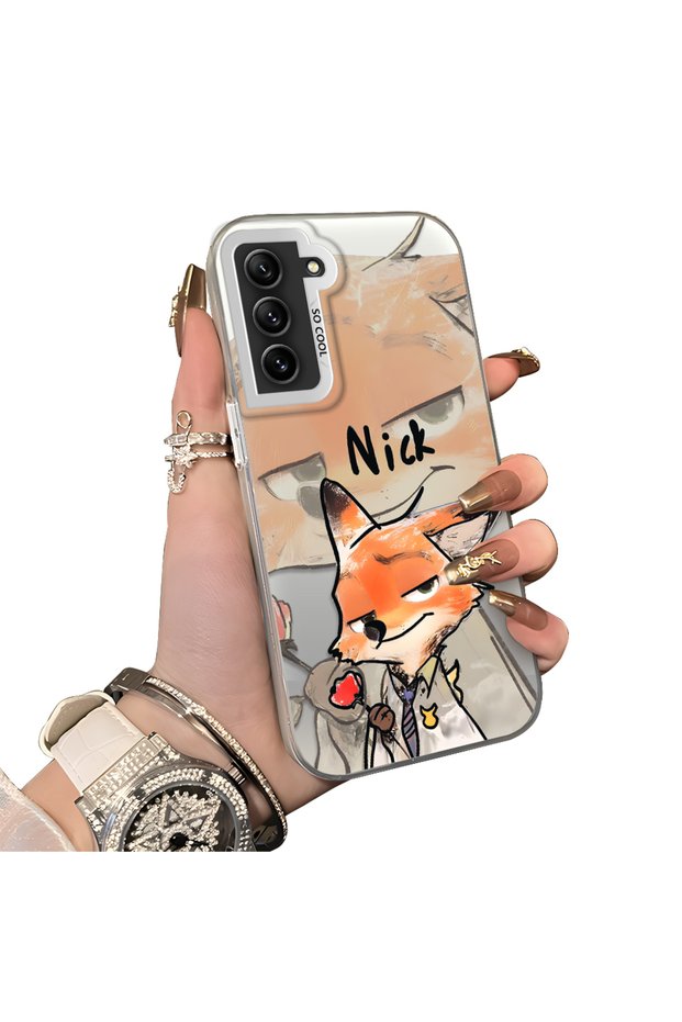 Samsung Galaxy S21 Fe Compatible Cartoon Fox Nick Patterned Case Acrylic Hard Back Silicon Edge