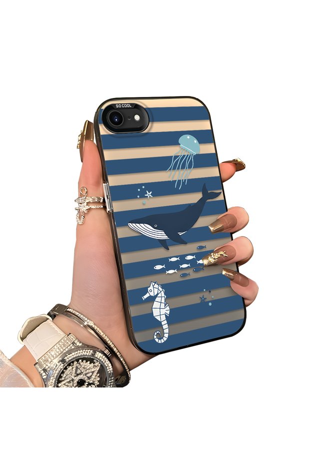 iPhone 7/8/Se 2020 2022 Compatible Sea Creatures Whale Horse Seahorse Patterned Case Acrylic Back Cover Silicone Edge