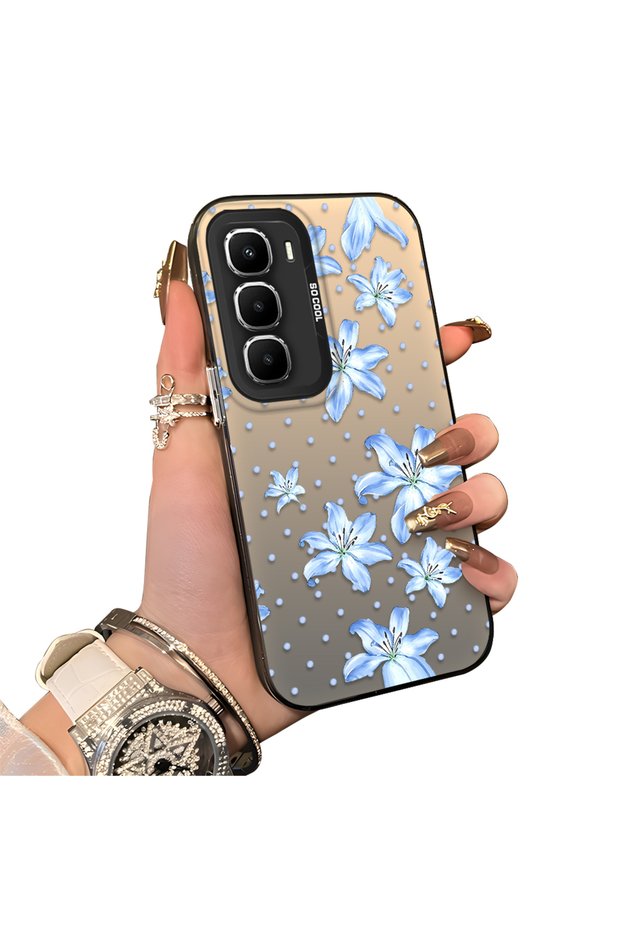 Infinix Hot 60I Compatible Acrylic Hard Back Panel with Silicone Edges Blue Flower Printed Phone Case