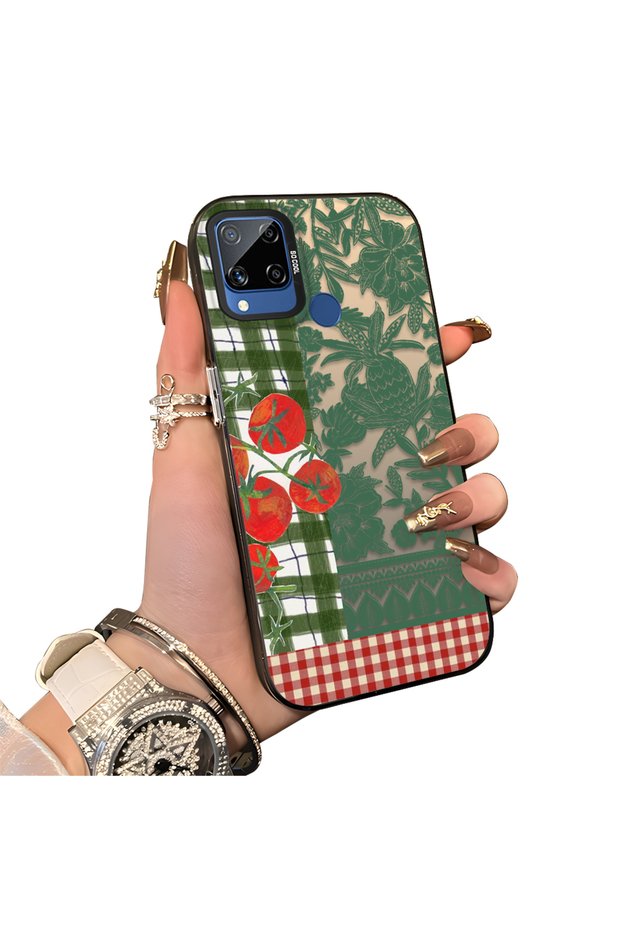 Realme C15/C25/C25S Compatible Acrylic Hard Back Panel with Silicone Edges Vegetable Flower Pattern Phone Case