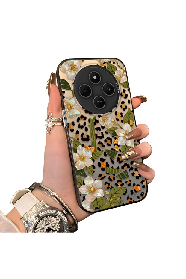 Xiaomi Redmi 14C 4G/5G Compatible Aesthetic Floral-Leopard Pattern Case Acrylic Hard Back Silicone Edge