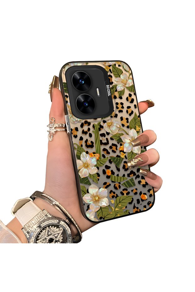 Realme C55 Compatible Aesthetic Floral-Leopard Pattern Case Acrylic Hard Back Silicone Edge