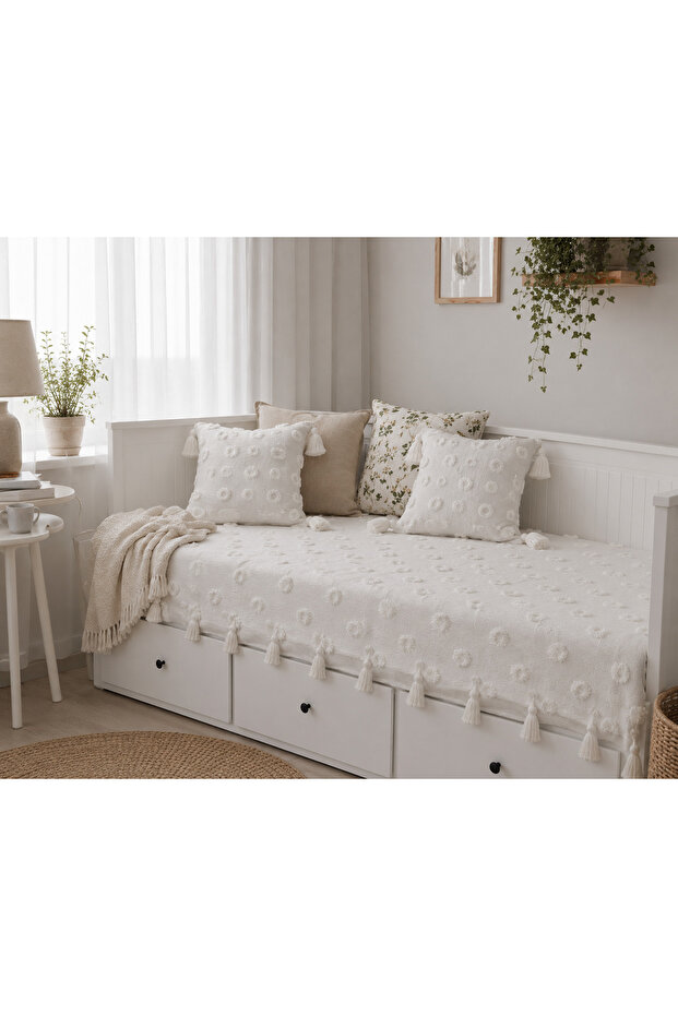 Ponpon Cotton Padded Cotton Tasseled Hemnes Divan Cover