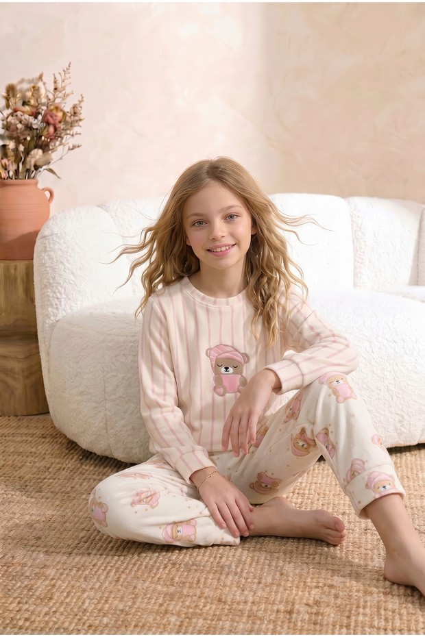 Girl Teenager and Child Pink Striped Bear Pattern Long Sleeve Suede Soft Winter Warm Pajama Set