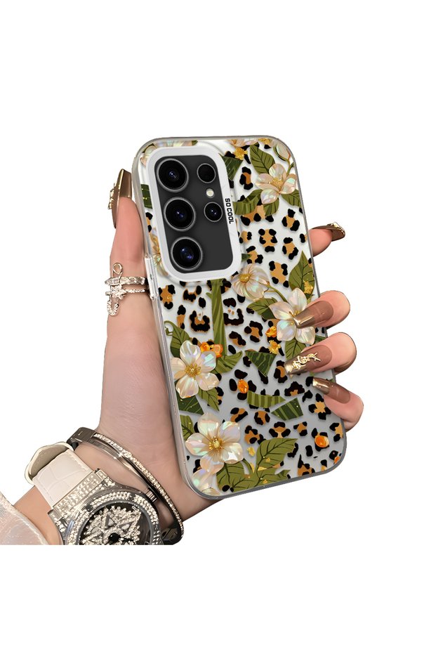 Samsung Galaxy S24 Ultra Compatible Aesthetic Floral-Leopard Pattern Case Acrylic Hard Back Silicone Edge
