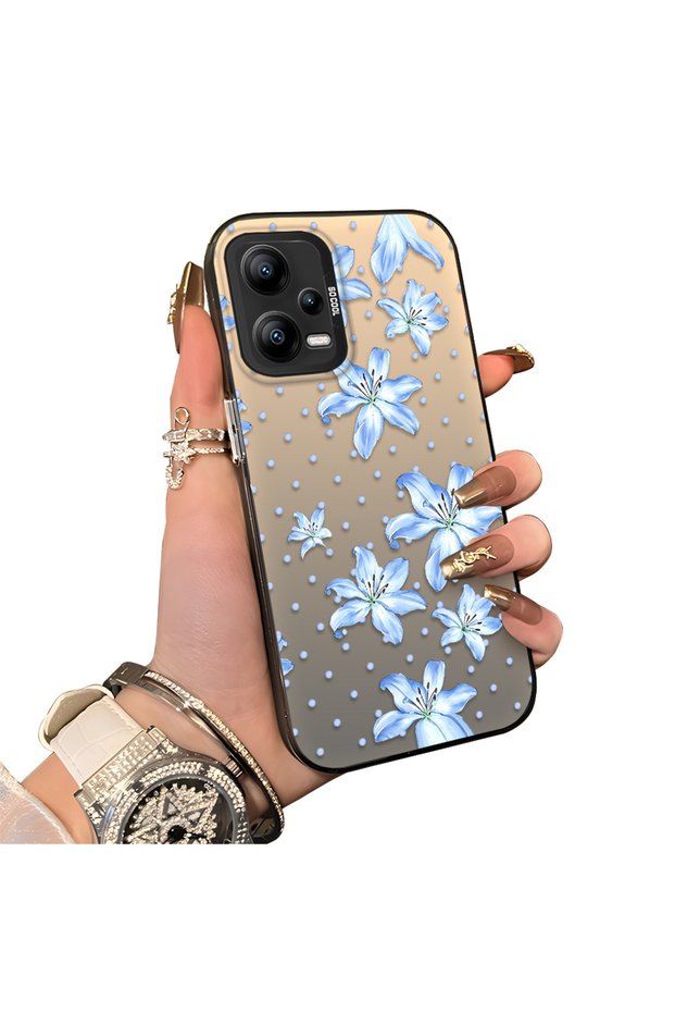 Xiaomi Poco X5 Compatible Acrylic Hard Back Panel with Silicone Edges Blue Flower Printed Phone Case